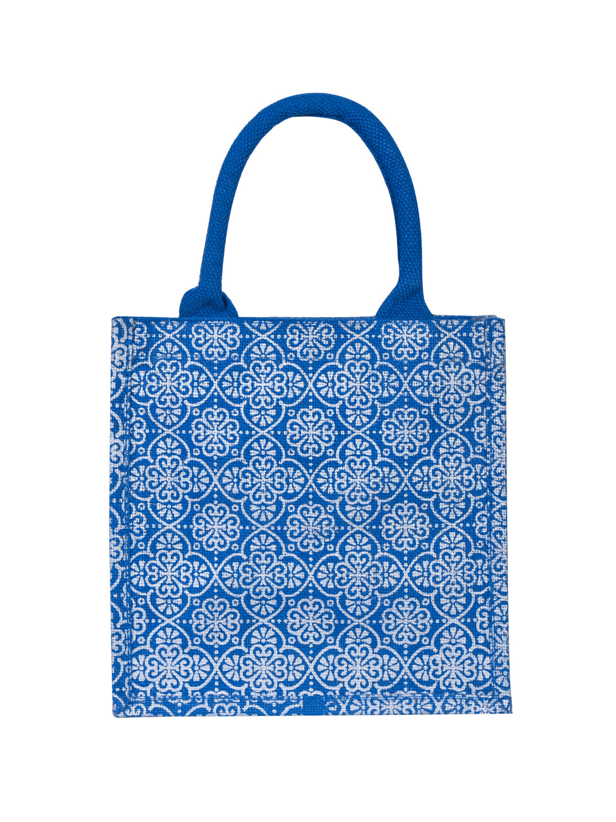 JUTE COTTAGE MUGHAL PRINT ZIPPER LUNCH BAG, SUSTAINABLE, ECO-FRIENDLY, 100% GENUINE JUTE, STYLISH (BLUE 10X10X7)