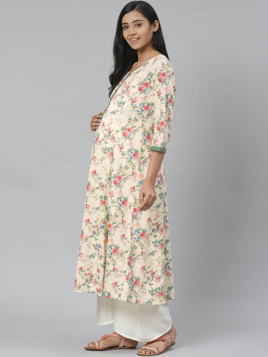 Women Cream-Coloured & Green Floral A-Line Maternity Kurta