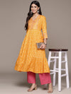 ISHIN Women's Viscose Rayon Ethnic Motifs Mustard Anarkali Kurta