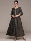 ISHIN Women's Black Foil Printed with Mirrorwork & Stones Rayon Anarkali Kurta