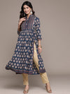 ISHIN Women's Navy Blue Ethnic Motifs Printed with Gotta Patti Cotton Kurta