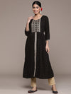 ISHIN Women's Black Foil Printed Zari with Sequins Rayon Flared Kurta