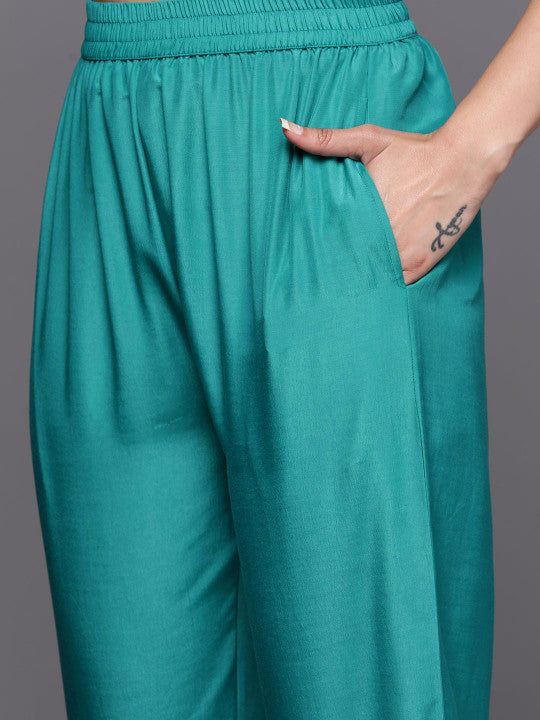 Libas Women Sea Green Floral Kurta with Trousers & With Dupatta