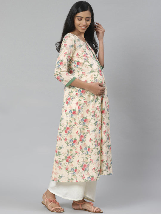 Women Cream-Coloured & Green Floral A-Line Maternity Kurta