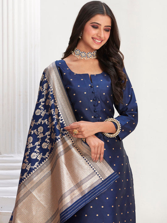 Sangria Navy Blue Ethnic Motifs Woven Design Straight Kurta With Trousers & Dupatta