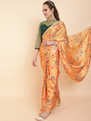 Sangria Mustard Yellow & Red Floral Satin Saree