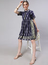 AKS Navy Blue Abstract Printed Shirt Collar Fit & Flare Dress