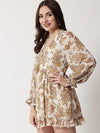 Here&now Beige & Brown Ethnic Motifs Chiffon Dress