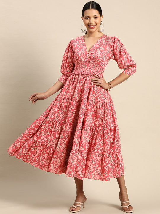 anayna Floral Printed Smocked Fit & Flare Maxi Dress