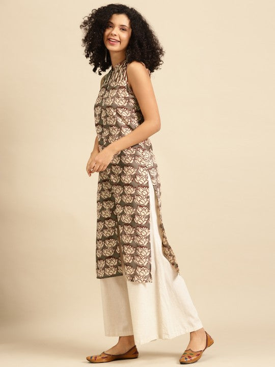 anayna Women Taupe & Off White Floral Print Cotton Kurta