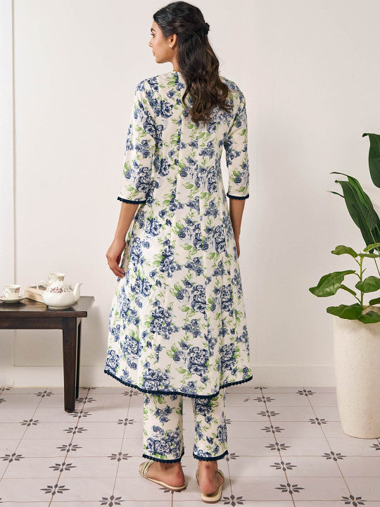 Floral Printed Panelled V-Neck Pure Cotton Aanarkali Kurta with Trousers & Dupatta