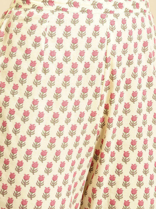 Women Cream-Coloured & Pink Tiered Printed Kurta with Palazzos