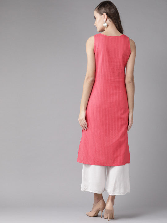 anayna Women Pink Self Striped Straight Kurta