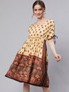 AKS Round Neck Ethnic Motifs Printed Tie-Ups Fit And Flare Knee Length Cotton Dress