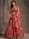 Odette Persian Red Floral Printed Semi Stitched Lehenga With Unstitched Blouse (Set of 3)