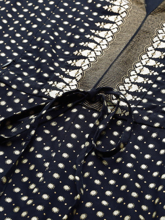 Women Navy Blue & Golden Ethnic Motifs Block Print A-Line Maternity & Nursing Kurta