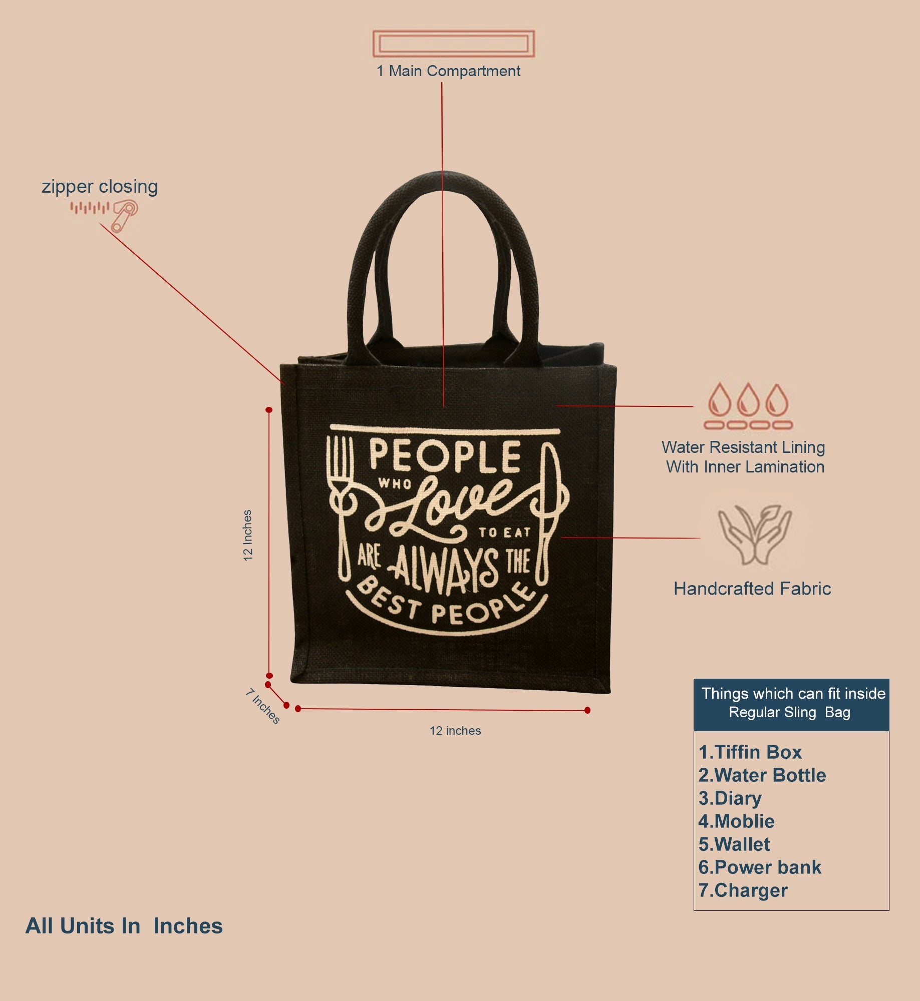 JUTE COTTAGE LOVE TO EAT PRINT LUNCH ZIPPER, SUSTAINABLE, ECO-FRIENDLY, 100% GENUINE JUTE, STYLISH (BLACK 12X12X7)