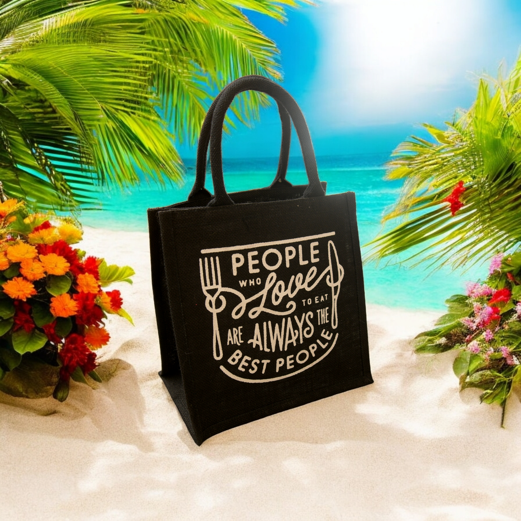 JUTE COTTAGE LOVE TO EAT PRINT LUNCH ZIPPER, SUSTAINABLE, ECO-FRIENDLY, 100% GENUINE JUTE, STYLISH (BLACK 12X12X7)