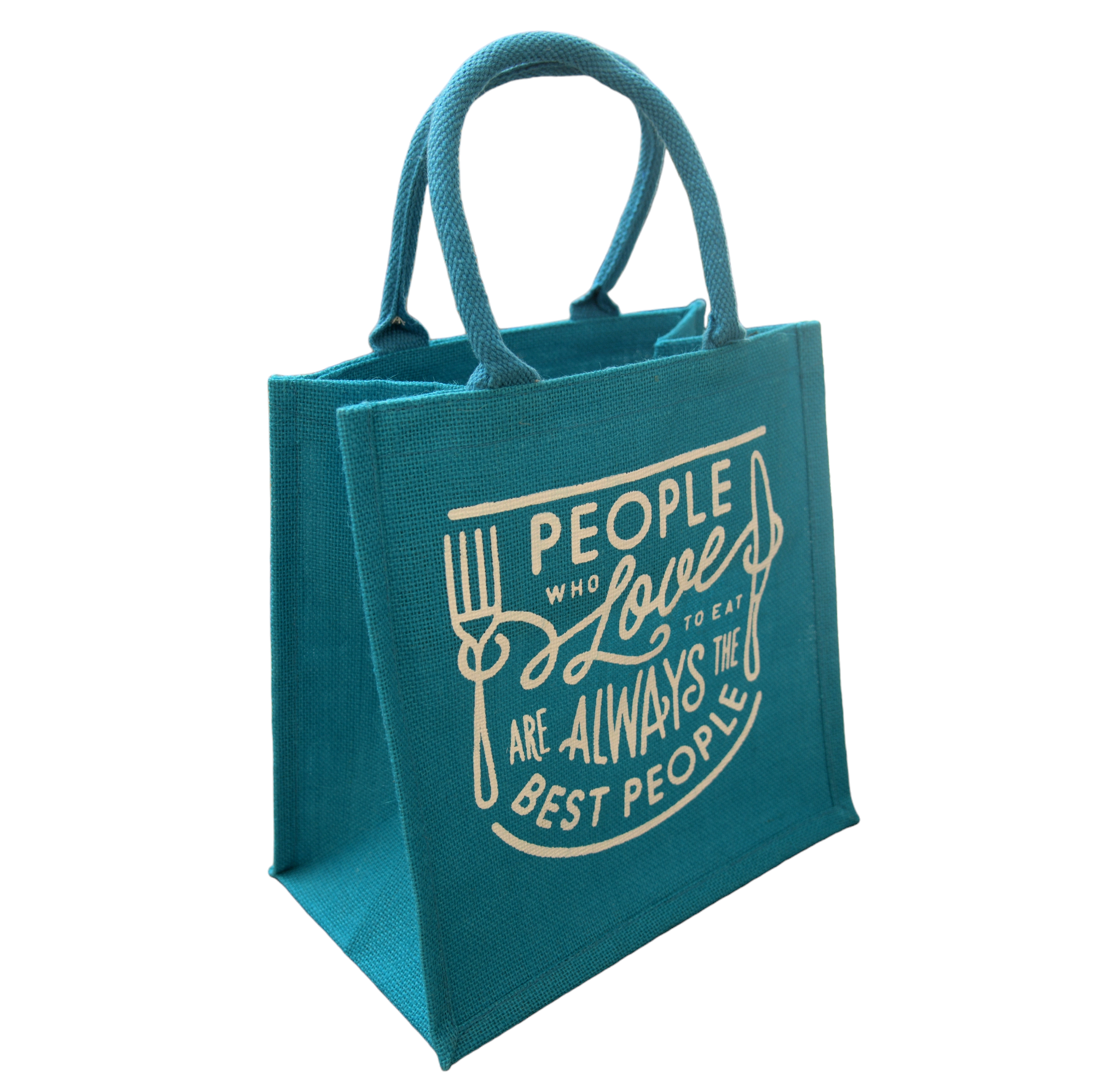 JUTE COTTAGE LOVE TO EAT PRINT LUNCH ZIPPER, SUSTAINABLE, ECO-FRIENDLY, 100% GENUINE JUTE, STYLISH (TURQUOISE BLUE 12X12X7)