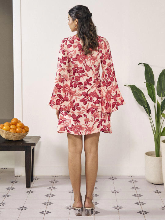 Floral Print Flared Sleeve A-Line Dress