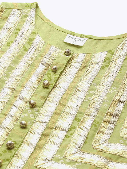 anayna Women Green & White Bandhani Printed Kurta with Palazzos