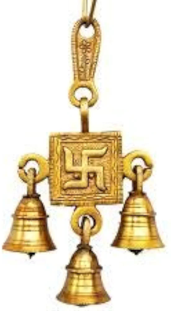 UAPAN Metal Craft Golden Brass Hanging 3 Bells Swastika Hanging Decor