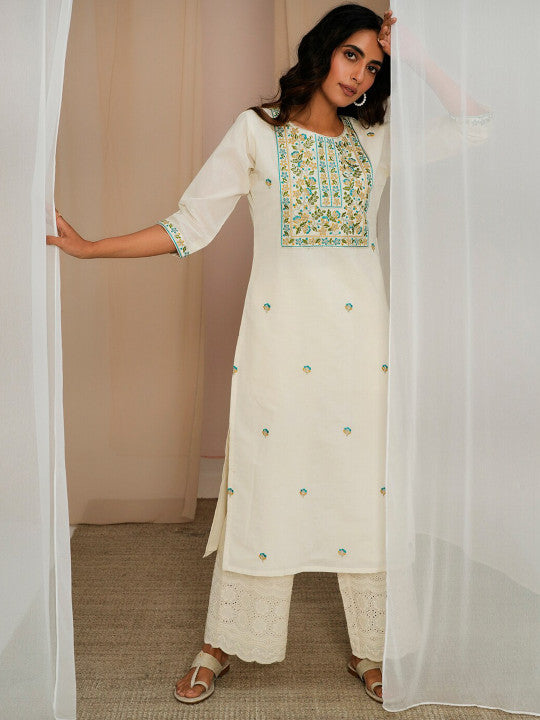 Libas Floral Embroidered Yoke Cotton Straight Kurta