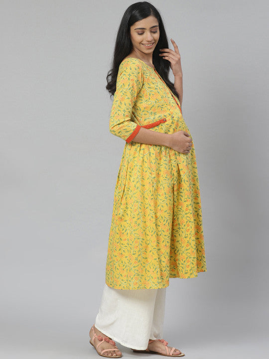 anayna Women Yellow & Green Printed Pure Cotton Feeding Maternity A-Line Kurta