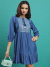 Vishudh Embroidered Tie-Up Neck Puff Sleeves Gathered A-Line Dress