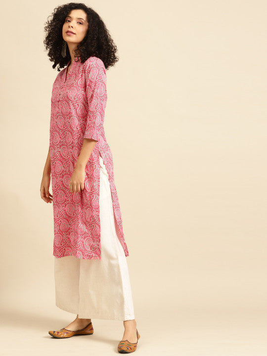 anayna Women Pink & White Paisley Screen Print Cotton Kurta