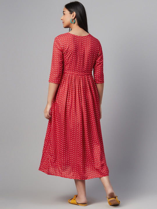 anayna Red & Off-White Ethnic Motifs Printed Maternity A-Line Dress