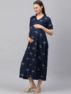 MomToBe Women Navy Blue Printed A-Line Midi Maternity Nursing Dress