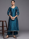 Libas Teal Embroidered Silk Straight Kurta