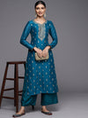 Libas Teal Embroidered Silk Straight Kurta