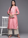 Libas Pink Yoke Design Art Silk Straight Kurta