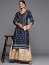 Libas Navy Blue Printed Silk Straight Kurta