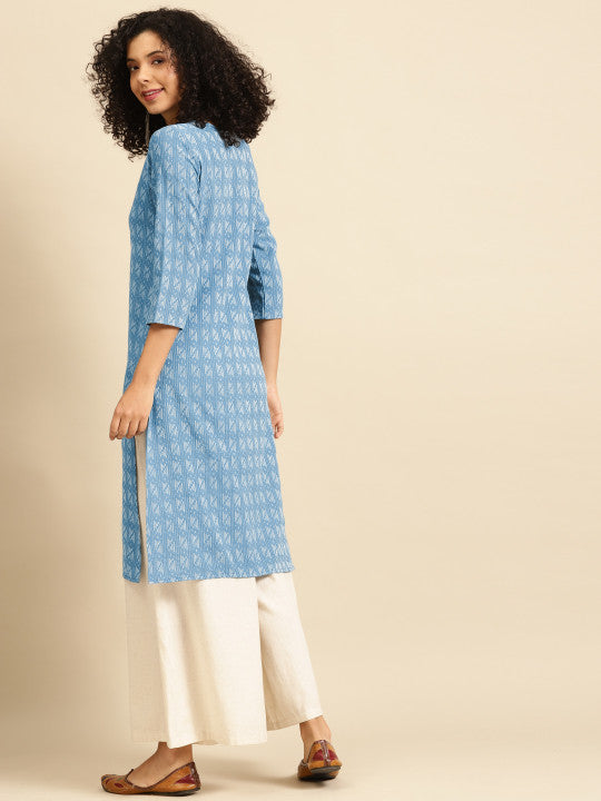 anayna Women Blue & White Geometric Keyhole Neck Kurta