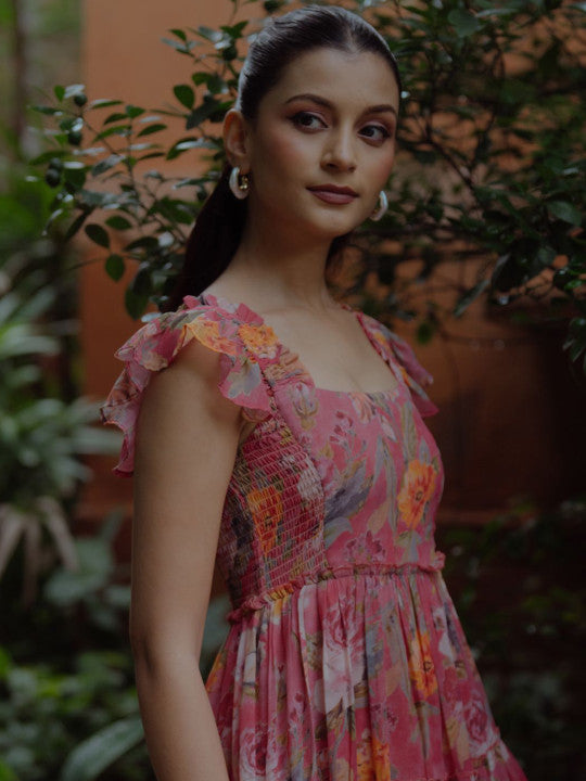 anayna Women Floral Printed Flared Midi Dress