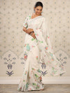 House of Pataudi White & Green Floral Printed Pure Linen Saree