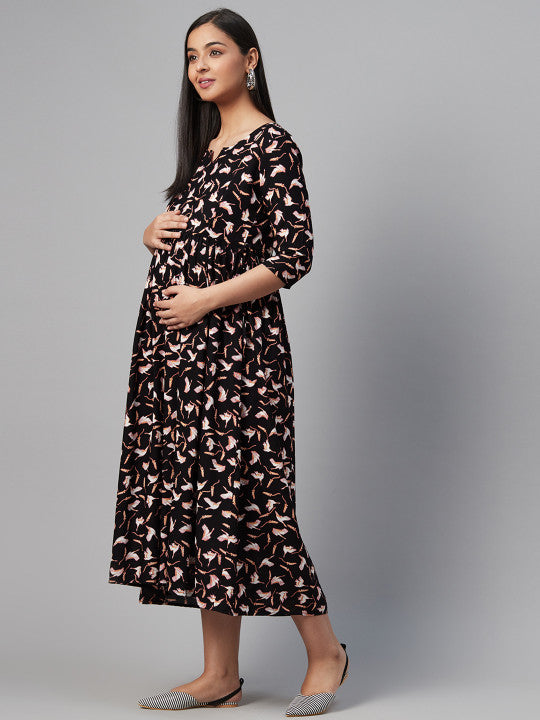 Women Black & Off-White Printed Maternity A-Line Dress