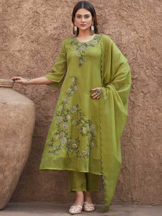 Tikhi Imli Women Floral Embroidered Regular Thread Work Kurta with Trousers & With Dupatta