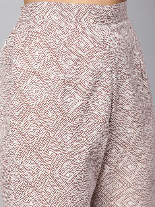 anayna Women Beige & Pink Printed Kurta with Trousers