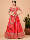 Odette Red Printed and Embroidered Semi Stitched Lehenga With Unstitched Blouse (Set of 3)