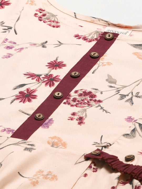 Women Peach-Coloured & Burgundy Floral Print A-Line Maternity Kurta