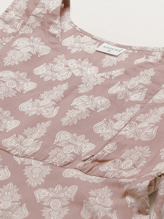 anayna Women Beige & White Printed Anarkali Maternity Kurta