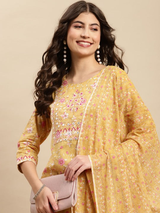 Sangria Yellow & Pink Floral Printed Pure-Cotton Straight Kurta With Trouser & Dupatta