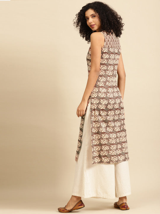anayna Women Taupe & Off White Floral Print Cotton Kurta
