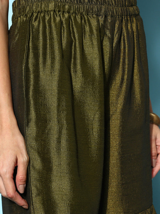 Libas Women's Olive Yoke Design Straight Kurta with Sharara & Dupatta