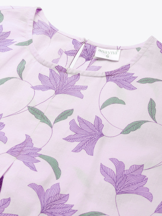 Women Lavender & Green Romantic Floral Print Cotton A-Line Pastel Kurta