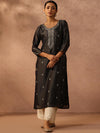 Libas Grey Embroidered Silk Straight Kurta